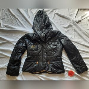 NEW! Vtg Y2k Black Apple Bottom Jeans Women Sz Medium Puffer Jacket (LARGE HOOD)